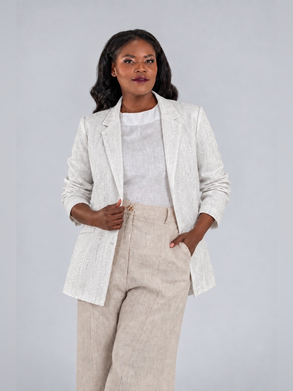 BOB MACKIE Studio White Linen Blend Blazer Metallic Thread Size 12